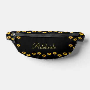 Custom name yellow sunflowers on black bum bags