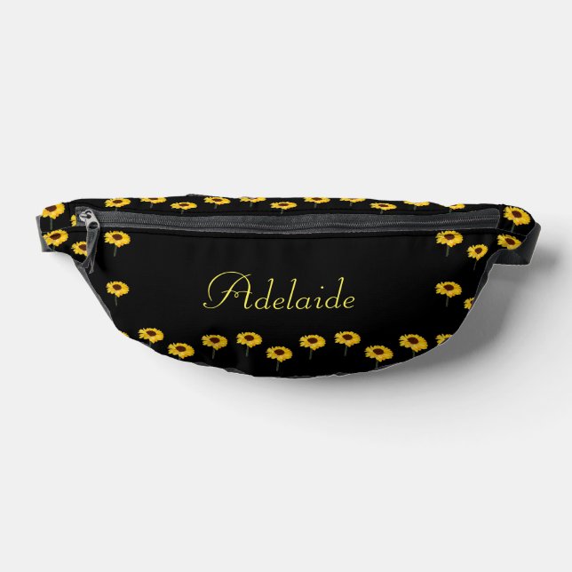 Custom name yellow sunflowers on black bum bags (Lay Down)