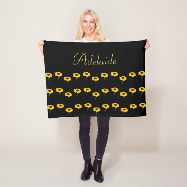 Custom name yellow sunflowers on black fleece blanket (In Situ)