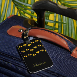 Custom name yellow sunflowers on black luggage tag