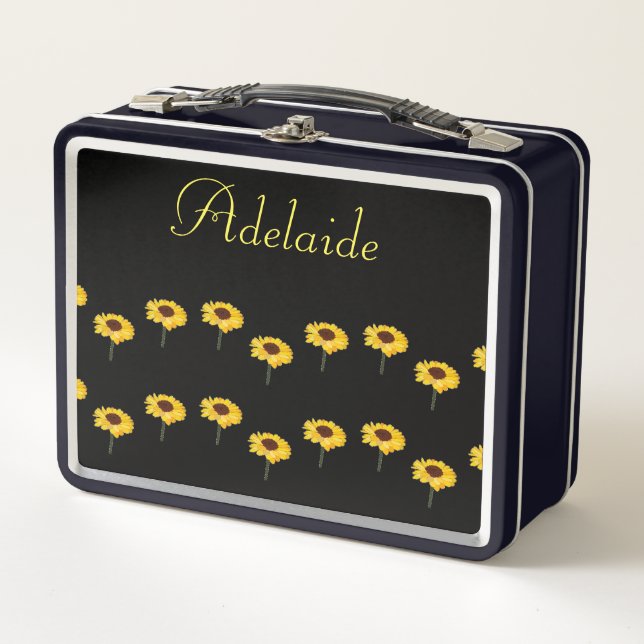 Custom name yellow sunflowers on black metal lunch box (Front)