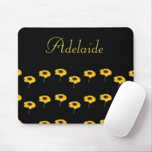 Custom name yellow sunflowers on black mouse mat
