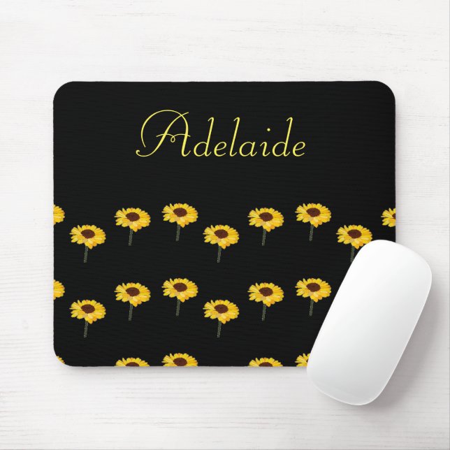 Custom name yellow sunflowers on black mouse mat (With Mouse)