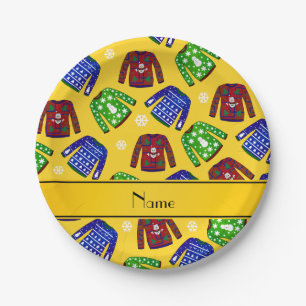 Custom name yellow ugly christmas sweater pattern paper plate