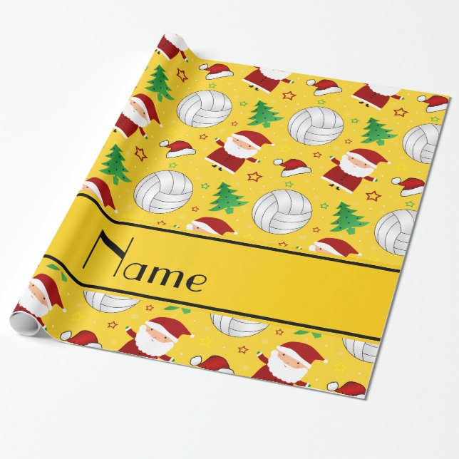 Custom name yellow volleyball christmas pattern wrapping paper (Unrolled)