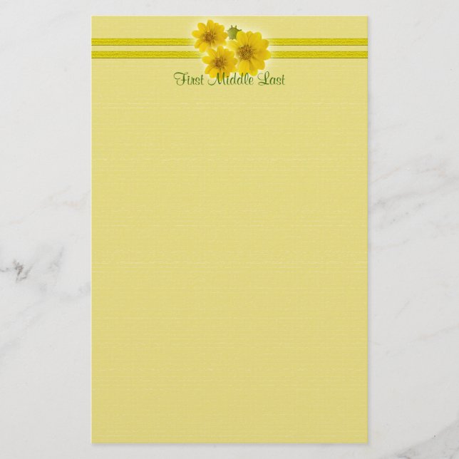 Custom Name Yellow Wildflowers Header Border Stationery (Front)