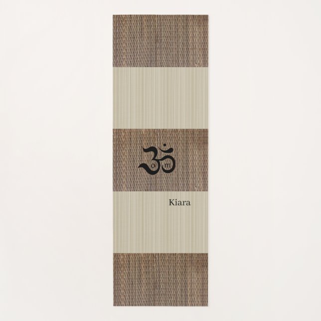 Custom Name Zen Om Beige Tatami Print Rustic Yoga Mat (Front)