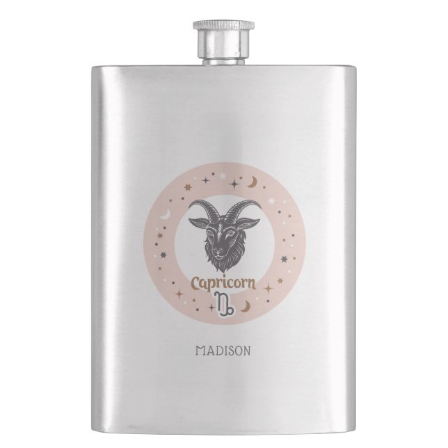 Custom Name Zodiac Sign Capricorn Hip Flask (Front)