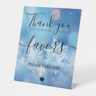 Custom Names Blue Bokeh Snowflakes Favours Wedding Pedestal Sign