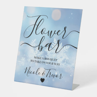 Custom Names Blue Bokeh Snowflakes Flower Bar Pedestal Sign