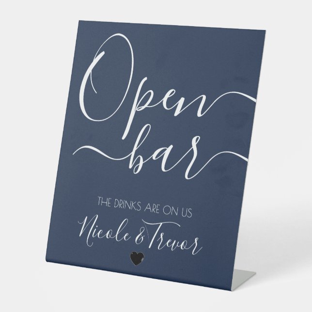 Custom Names Calligraphy White Text Open Bar Pedestal Sign (Front)