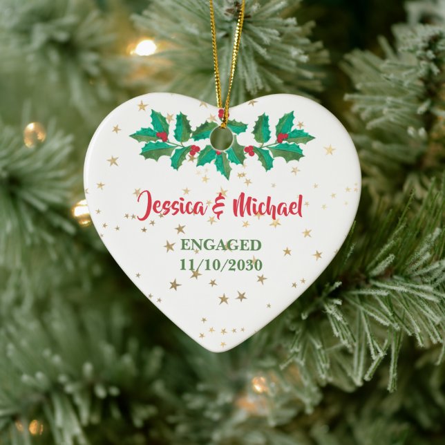 Custom Names Engaged Red Green Holly Ceramic Tree Decoration (Tree)