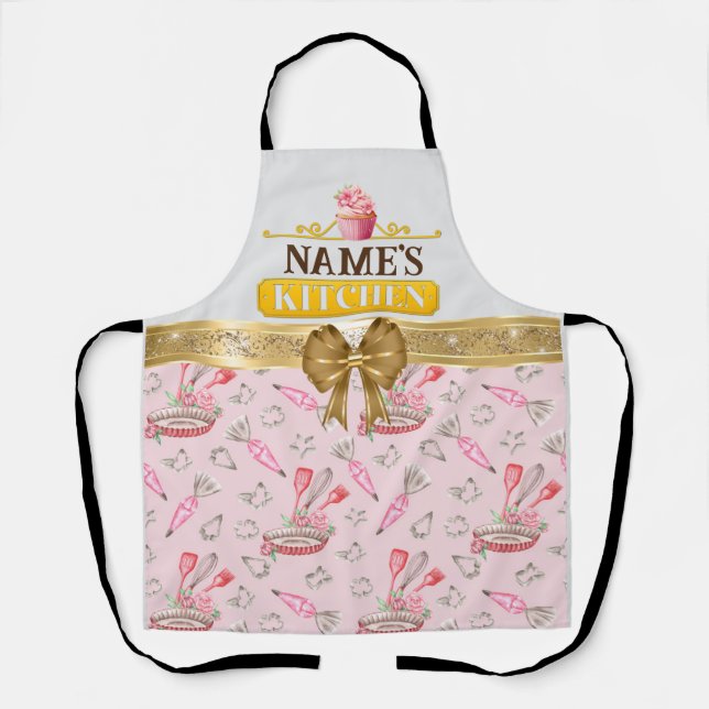 Custom Name's kitchen and watercolor Pink cupcake Apron (Front)