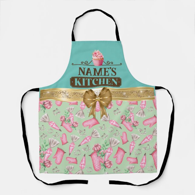 Custom Name's kitchen and watercolor Pink cupcake Apron (Front)
