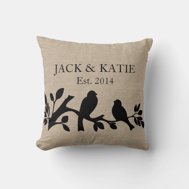 Custom names linen burlap rustic jute love birds cushion (Front)
