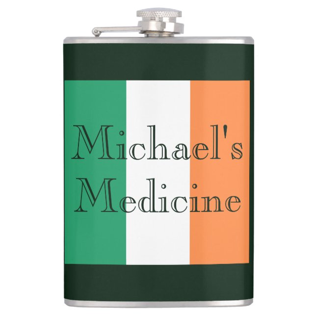 Custom Name's Medicine Irish Flag flacnt Hip Flask (Front)