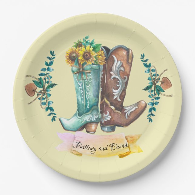 Custom names Newlyweds Rustic Cowboy Boots  Paper Plate (Front)