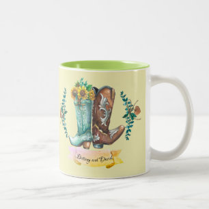 Custom names Newlyweds Rustic Cowboy Boots  Two-Tone Coffee Mug