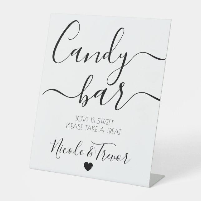 Custom Names White Calligraphy Candy Bar Pedestal Sign (Front)