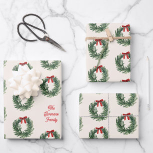 Custom Names Wreath Christmas Holiday Gift Wrapping Paper Sheet