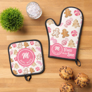 Custom Nana Monogram Pink Sugarplums & Gingerbread Oven Mitt & Pot Holder Set