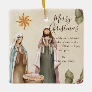 Custom Nativity Scene Religious Christmas Quote Ceramic Ornament