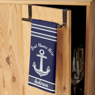 Custom Nautical Anchor Bathroom Dark Navy Blue Tea Towel