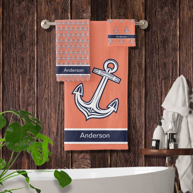 Custom Nautical Anchor Bathroom Navy Blue Coral Bath Towel Set (Creator Uploaded)