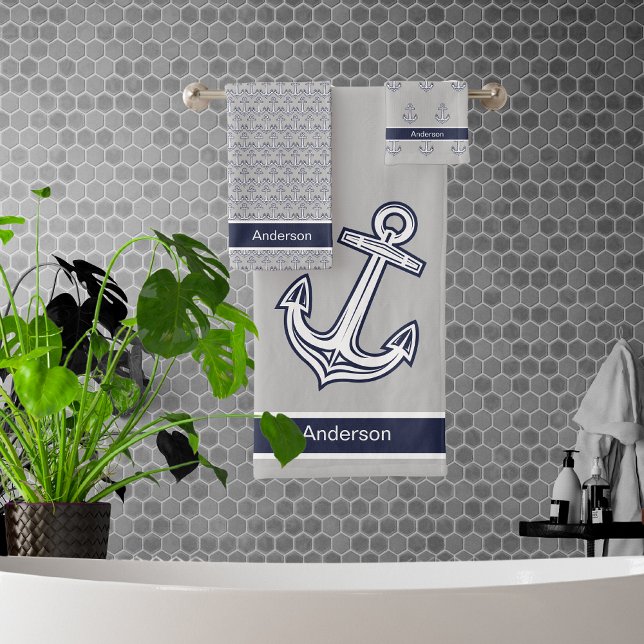 Custom Nautical Anchor  Bathroom Navy Blue Gray Bath Towel Set (Creator Uploaded)