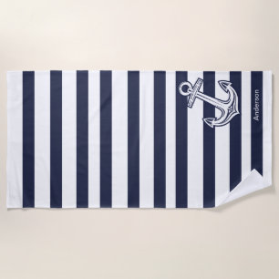 Custom Nautical Anchor Bathroom Navy Blue  stripes Beach Towel