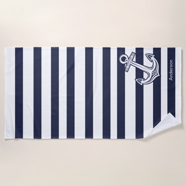 Custom Nautical Anchor Bathroom Navy Blue  stripes Beach Towel (Front)