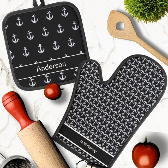 Custom Nautical Anchor  Bathroom Ocean Black White Oven Mitt & Pot Holder Set (Creator Uploaded)