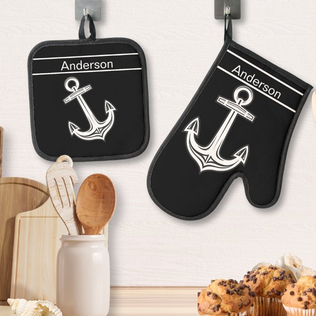 Custom Nautical Anchor Bathroom Ocean Black White Oven Mitt & Pot Holder Set (Creator Uploaded)