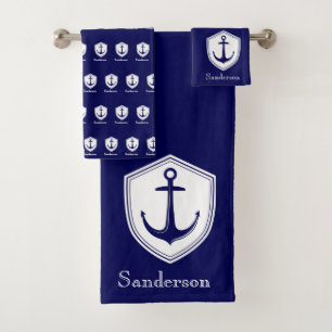 Custom Nautical Anchor  Bathroom Ocean Navy Blue B Bath Towel Set