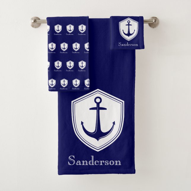 Custom Nautical Anchor  Bathroom Ocean Navy Blue B Bath Towel Set (Insitu)