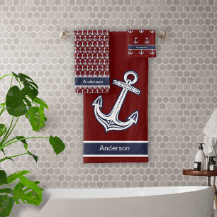 Custom Nautical Anchor  Bathroom Ocean Navy Blue B Bath Towel Set