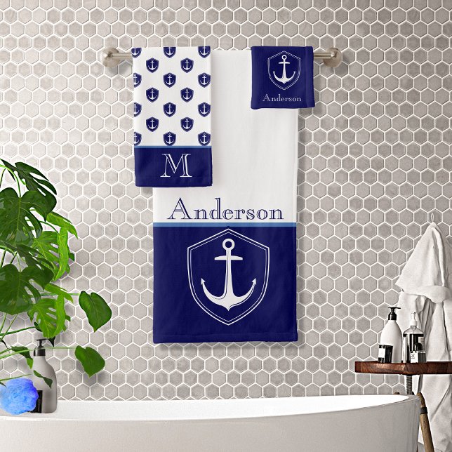 Custom Nautical Anchor  Bathroom Ocean Navy Blue B Bath Towel Set (Creator Uploaded)