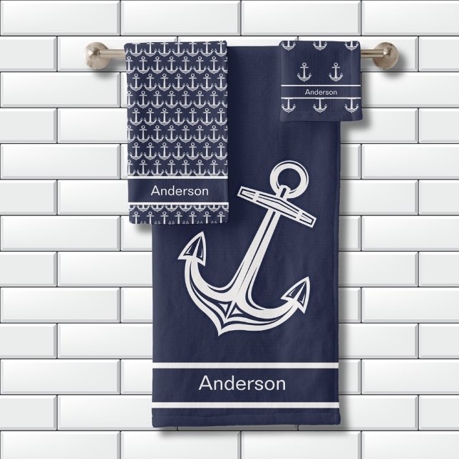 Custom Nautical Anchor  Bathroom Ocean Navy Blue Bath Towel Set (Creator Uploaded)