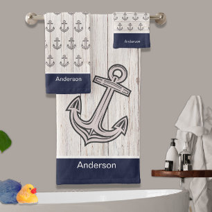 Custom Nautical Anchor  Bathroom Ocean Navy Blue  Bath Towel Set