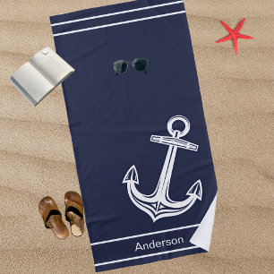 Custom Nautical Anchor Bathroom Ocean Navy Blue Beach Towel