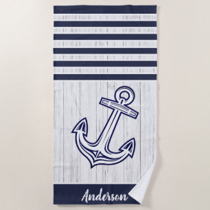 Custom Nautical Anchor Bathroom Ocean Navy Blue Beach Towel