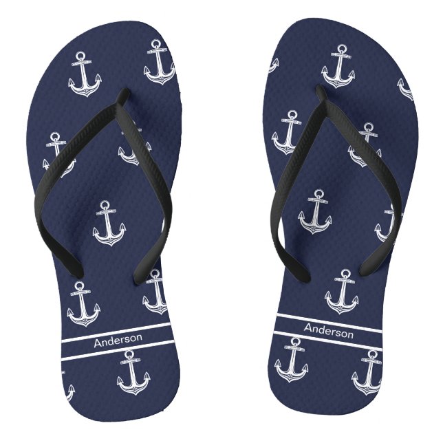 Custom Nautical Anchor  Bathroom Ocean Navy Blue Flip Flops (Footbed)