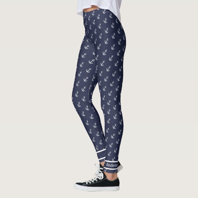 Custom Nautical Anchor  Bathroom Ocean Navy Blue L Leggings (Left)