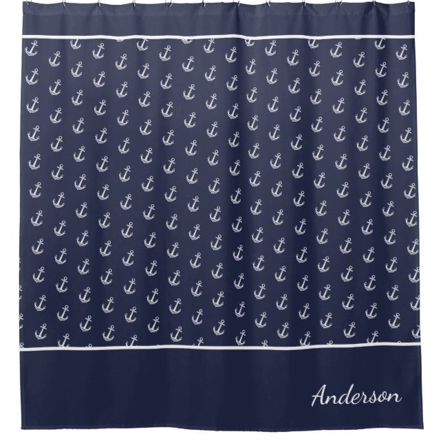 Custom Nautical Anchor  Bathroom Ocean Navy Blue   Shower Curtain (Front)
