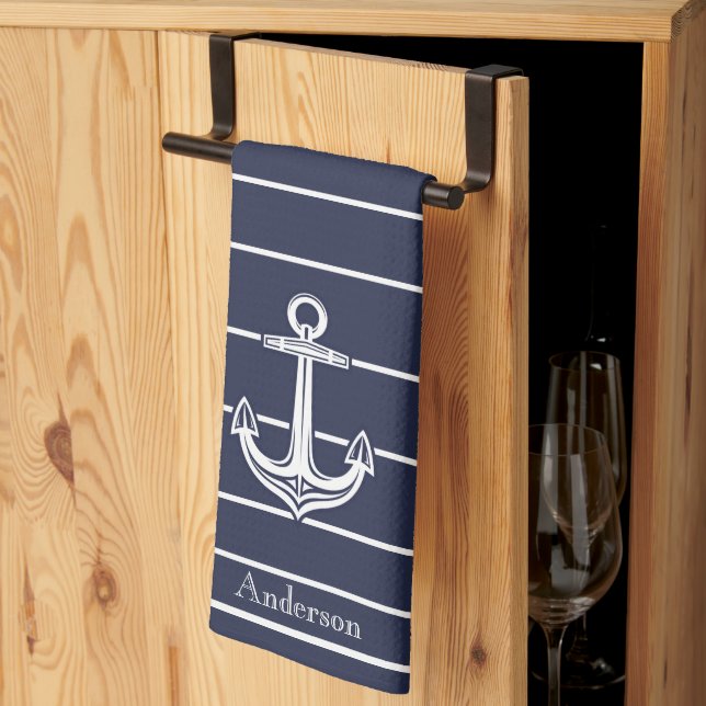 Custom Nautical Anchor  Bathroom Ocean Navy Blue   Tea Towel (Thirds Fold)