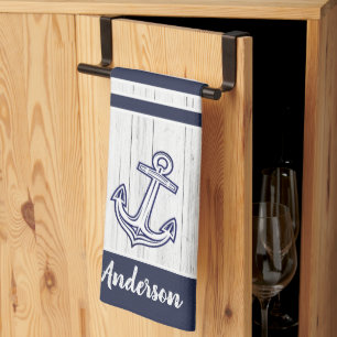 Custom Nautical Anchor  Bathroom Ocean Navy Blue  Tea Towel