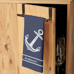 Custom Nautical Anchor  Bathroom Ocean Navy Blue  Tea Towel