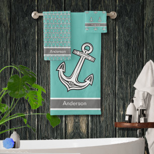 Custom Nautical Anchor Bathroom Pink Grey White Ba Bath Towel Set
