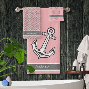 Custom Nautical Anchor Bathroom Pink Grey White Bath Towel Set