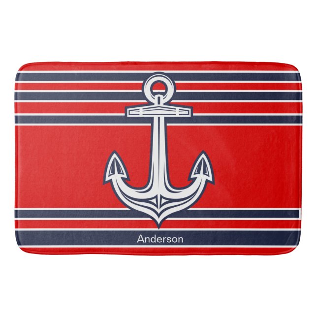 Custom Nautical Anchor  Bathroom Red Navy Blue  Bath Mat (Front)